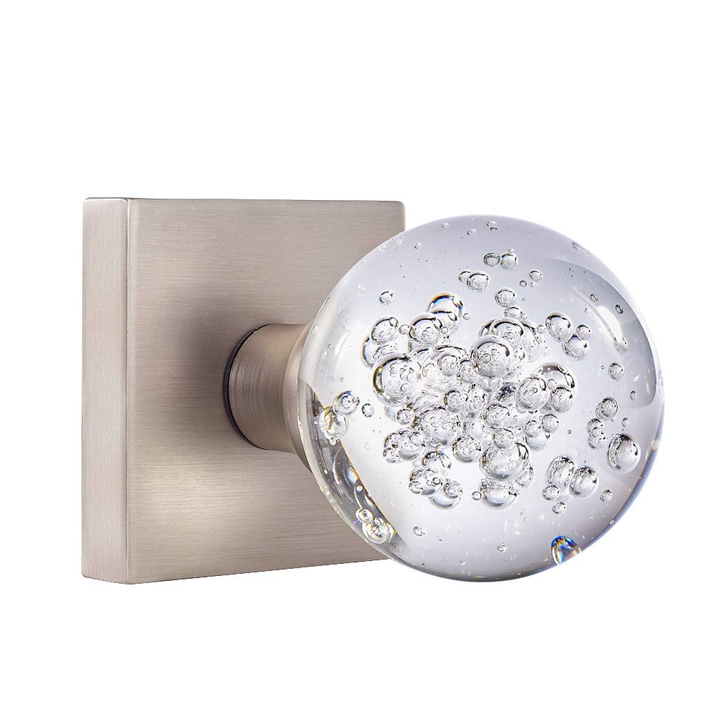 HIEMEY Passage Hall Closet Door Knobs Interior, Round Clear Bubble Crystal Glass Door Knobs Brushed Nickel, Keyless Glass Door Knob Set, BS-023