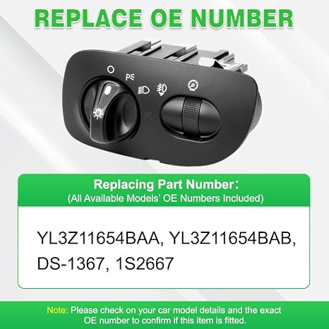 Headlight Control Switch, Compatible with Ford Expedition 2000-2002, Ford F-150 2000-2003, F-150 Heritage 2004, F-250 Super Duty 2000, Replaces YL3Z11654BAA, YL3Z11654BAB, DS-1367