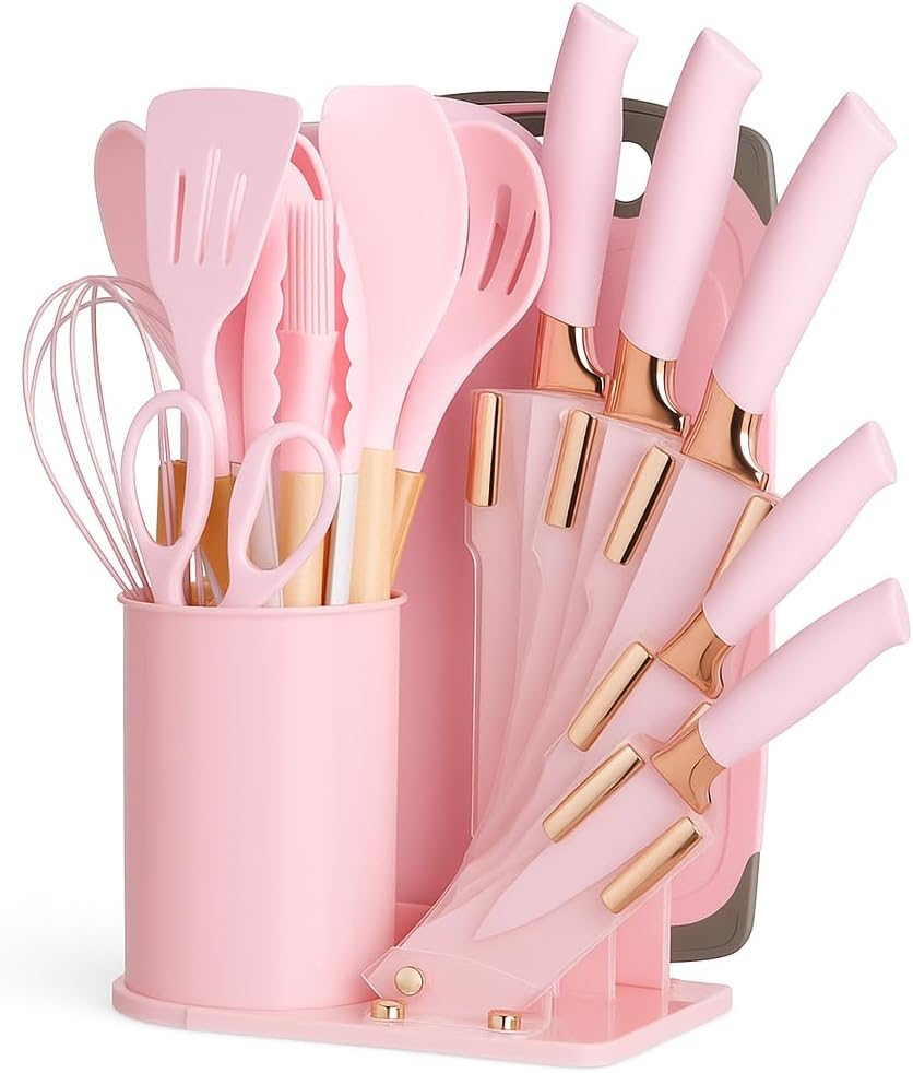 19-Piece Pink Silicone Kitchen Utensil Set with Wooden Handles