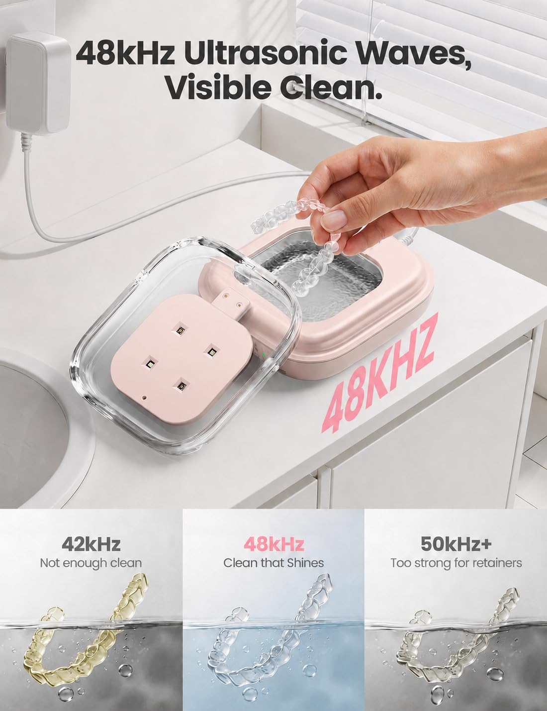 VAYDEER Pulitore a Ultrasuoni 48 kHz per Retainer, 3 Modalità, Rosa | Tecnologia a ultrasuoni da 48 kHz con 3 modalità per retainer, allineatori, protesi e piccoli oggetti.