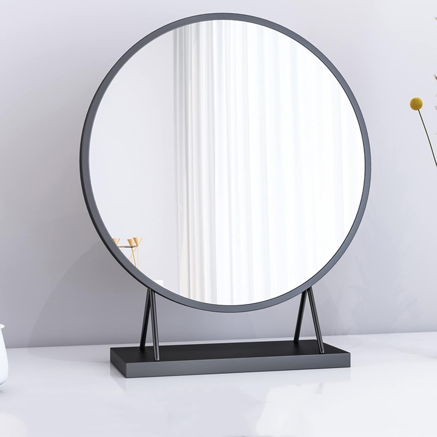 OXFUZZ Round Tabletop Mirror With Stand - Countertop Vanity Mirror for Bathroom, Dormitory, Makeup, Shaving - HD Freestanding Black Mirror