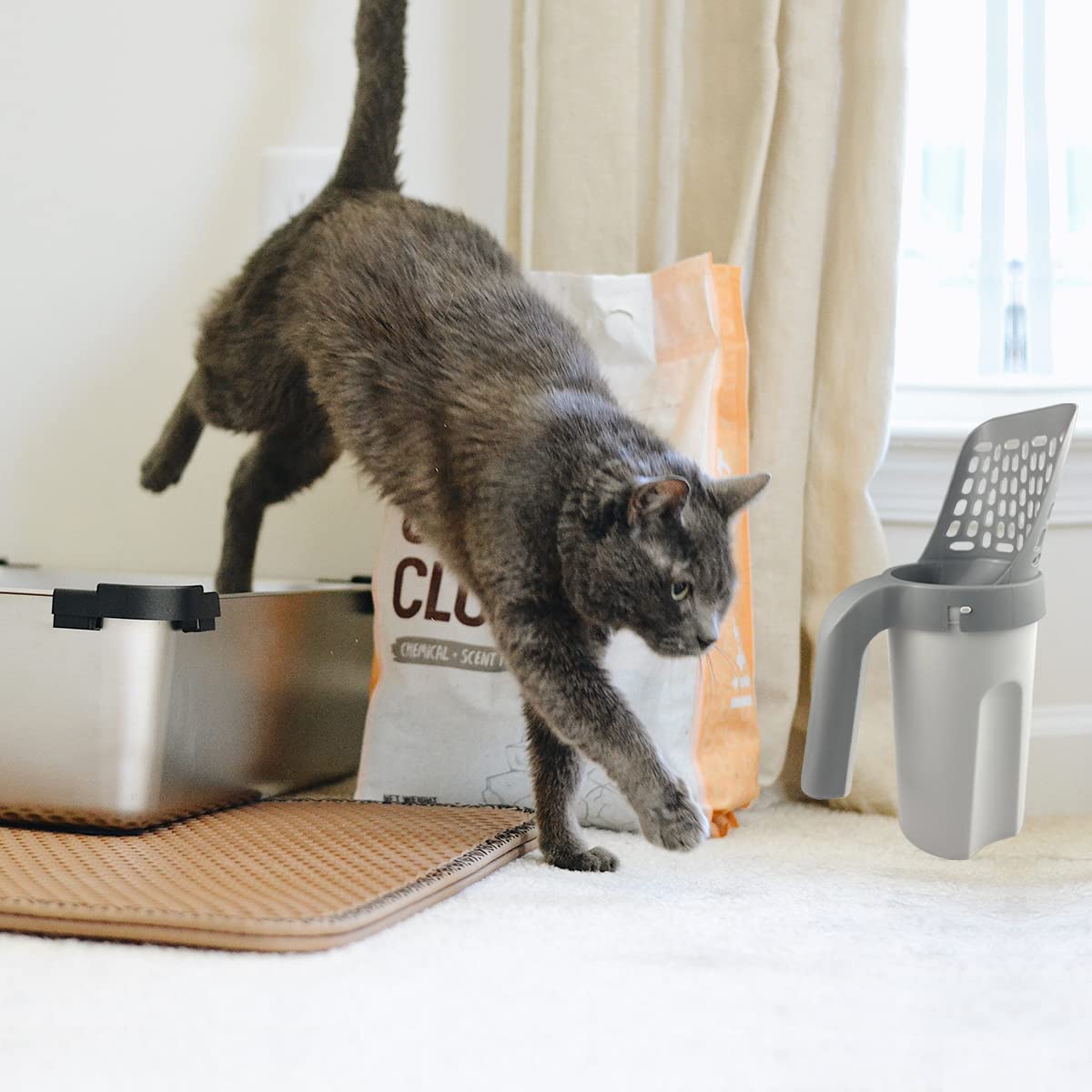 Cuchara de arena para gatos, pala de arena para gatos con contenedor de basura, soporte extraíble para arena para gatos, pala de arena portátil con soporte que proporciona 215 bolsas de basura, pala