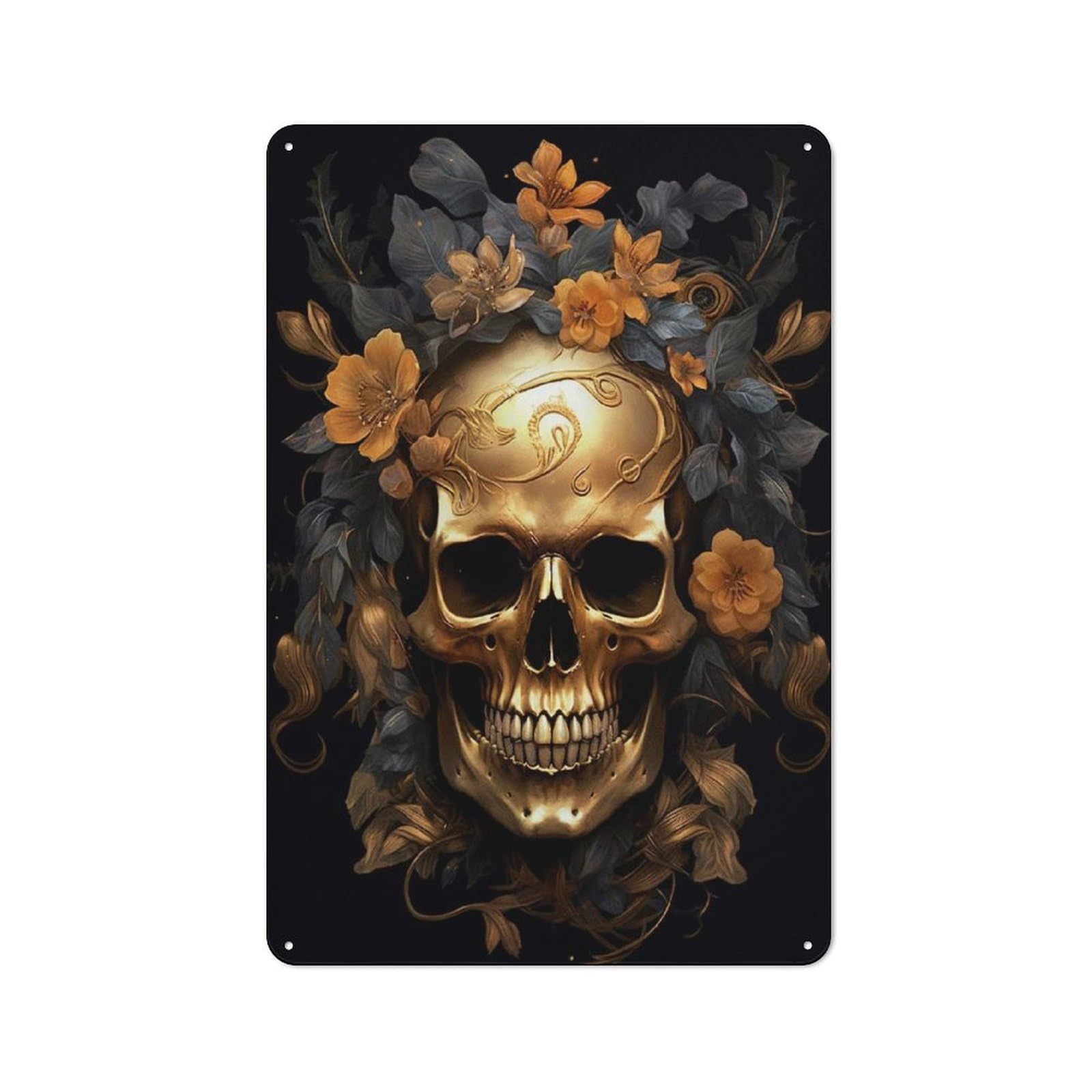 Golden Skull with Flowers Rustic Tin Sign 30x20cm for Pub Or Café, for Collectors Building A Themed Wall Display