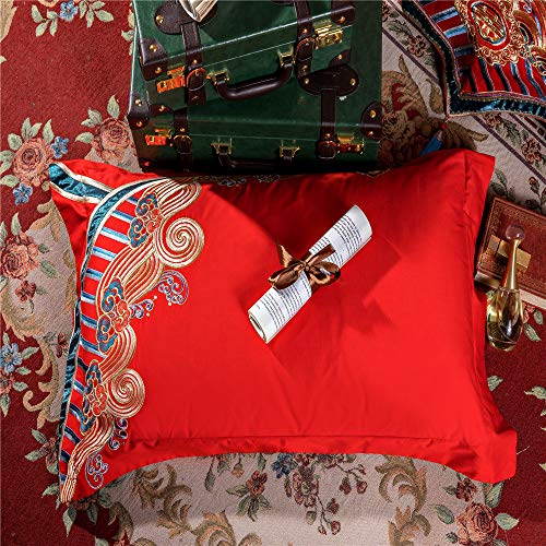 Esydream Luxury Double Happiness Dragon And Phoenix Bird Embroidery Chinese Wedding Red Bedding Set King Queen Size 100% Cotton Embroider Red Wedding Duvet Bedlinen Sets（Color 1 King,10Pc/Set #TOP7