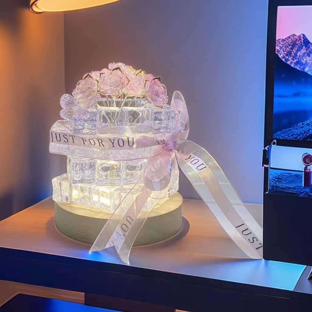 Rose Ice Cube Flower Lamp with Power Cord Powered Night Light with Switch to Adjust 3 Colors Ambient Light, Halloween, Valentine's Day, Mother's Day, Christmas, Birthday Gifts for Mom