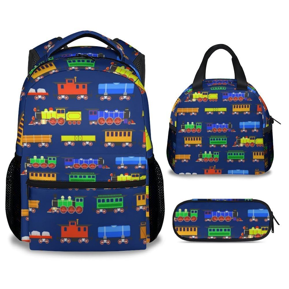 PoshWrap Train Girls Backpack with Lunch Box, Set of 3 School Backpacks Matching Combo, Lightweight Dark Blue Bookbag And Pencil Case Bundle