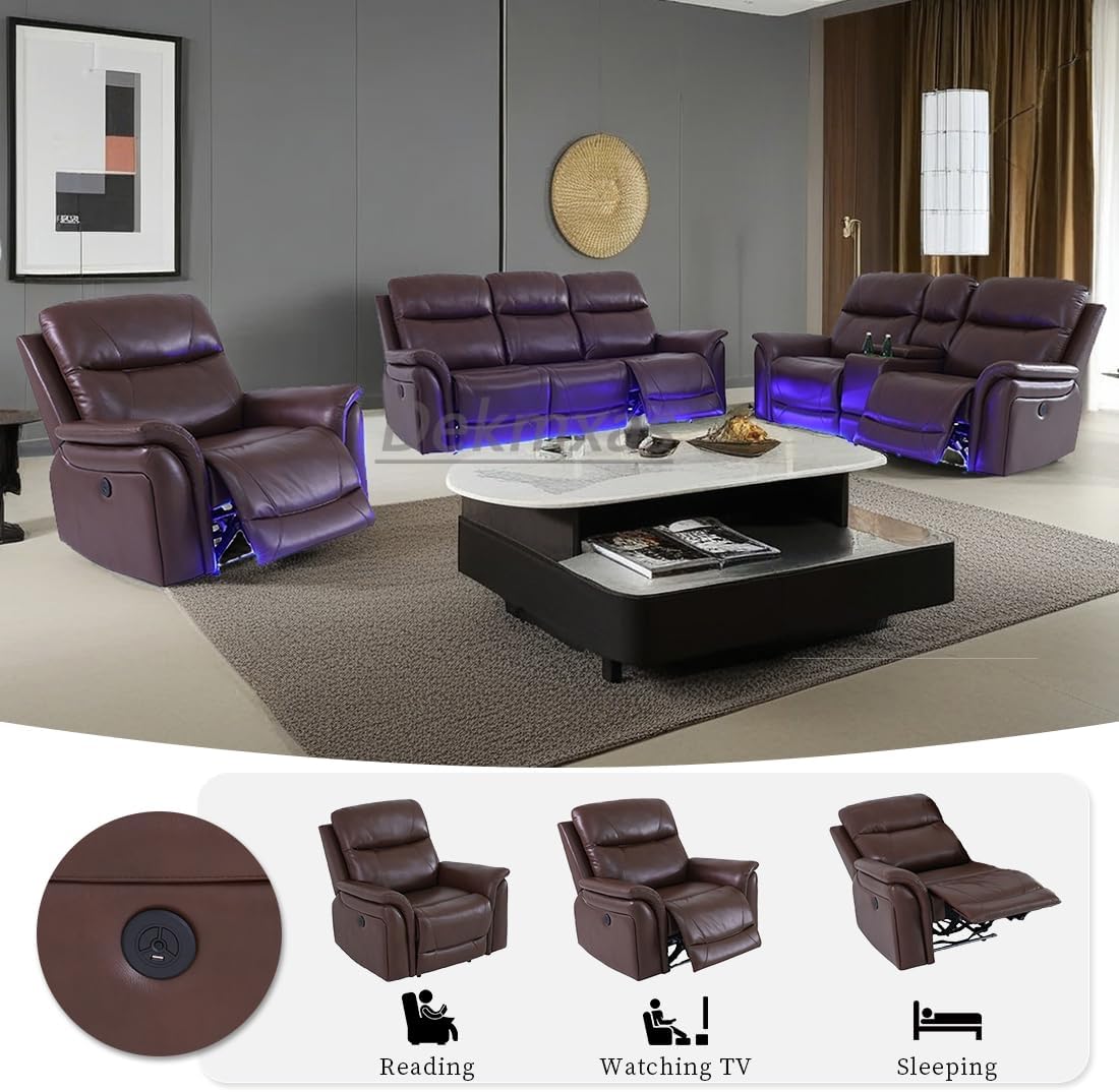 Recliner Couch Set 3PCS Breathing Leather Living Room Sofa Set Reclining Sofa Set with Storage Console/LED Blue Light for Apartment/Home/Office (Reddish Brown, 3PCS Set)