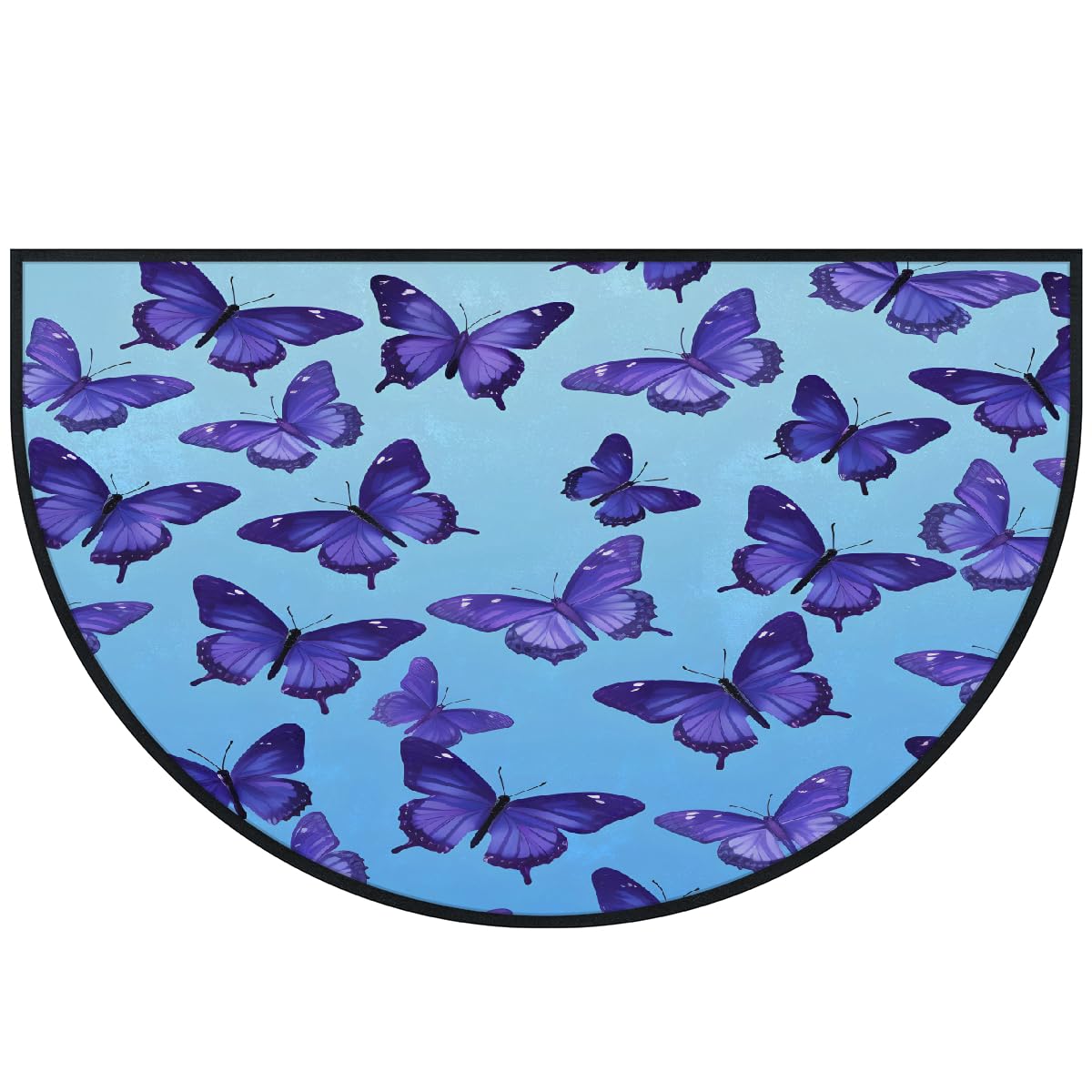Mexpekil Paillasson demi-rond antidérapant lavable en demi-lune avec motif papillons bleus pour intérieur et extérieur - 100 x 160 cm