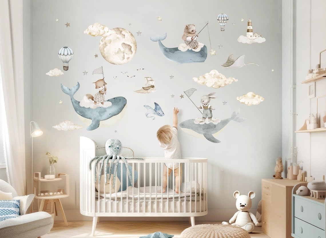 1pc Cartoon Cute Whale Seaworld Adesivi murali per la camera dei bambini Camera dei bambini Rimovibile Soggiorno Decorazione della scuola materna Decalcomanie da muro  15
