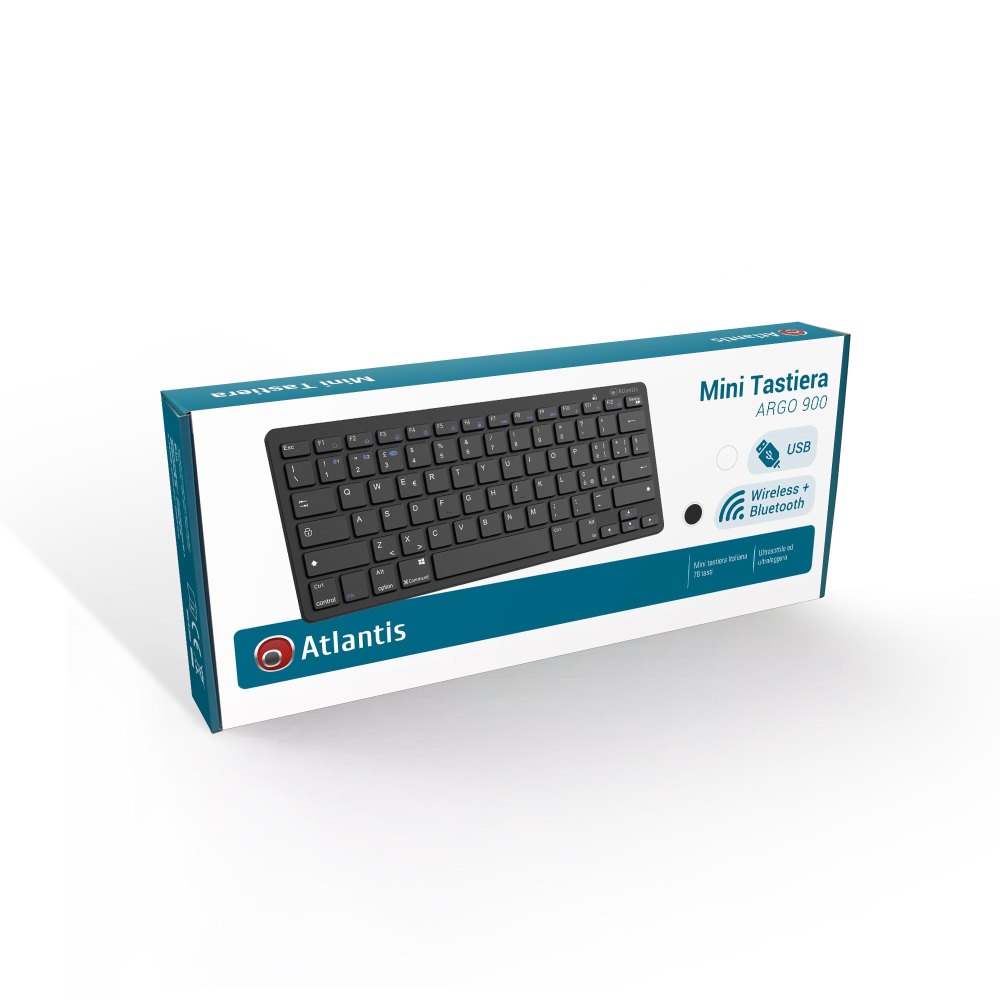 Atlantis ARGO 900 Mini Ultraslim klawiatura bezprzewodowa RF + Bluetooth, QWERTY 78 klawiszy czekoladowych do PC/notebooka/smartfona, tabletu/iOS/Android, kolor czarny