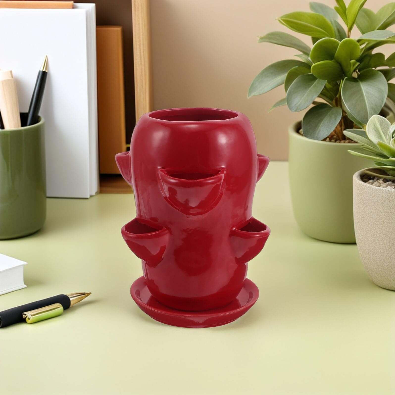 Ceramiczny Doniczka Jabłko z Podstawką Mała Doniczka z Otworami Lekki Ceramiczny Kwiatowy Pojemnik Do Storczyków i Sukulentów Elegancki Kwietnik Do Roślin Doniczkowych