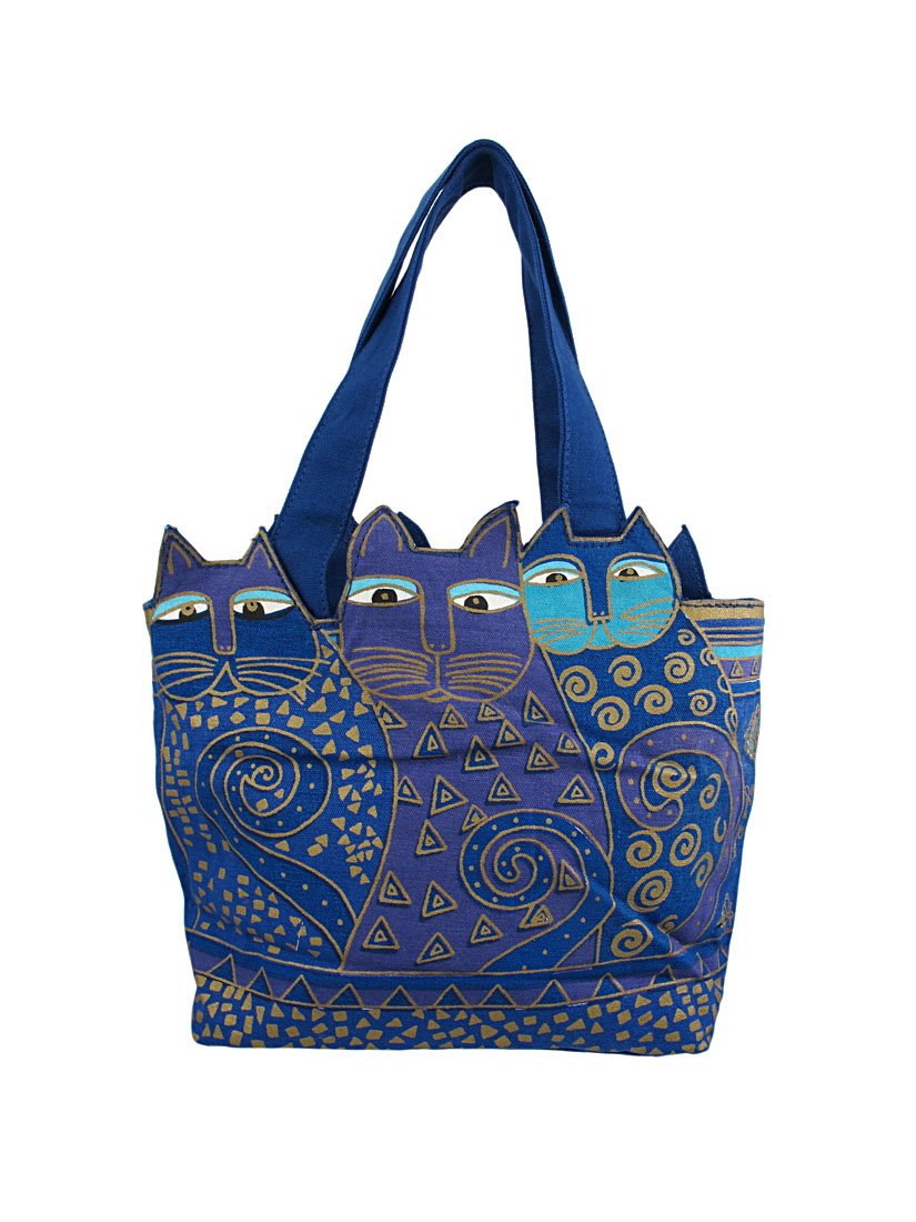 Laurel Burch Tote Zipper Top, 12 by 3-1/2 by 8-1/2-Inch, Tres Gatos, Blue/Gold