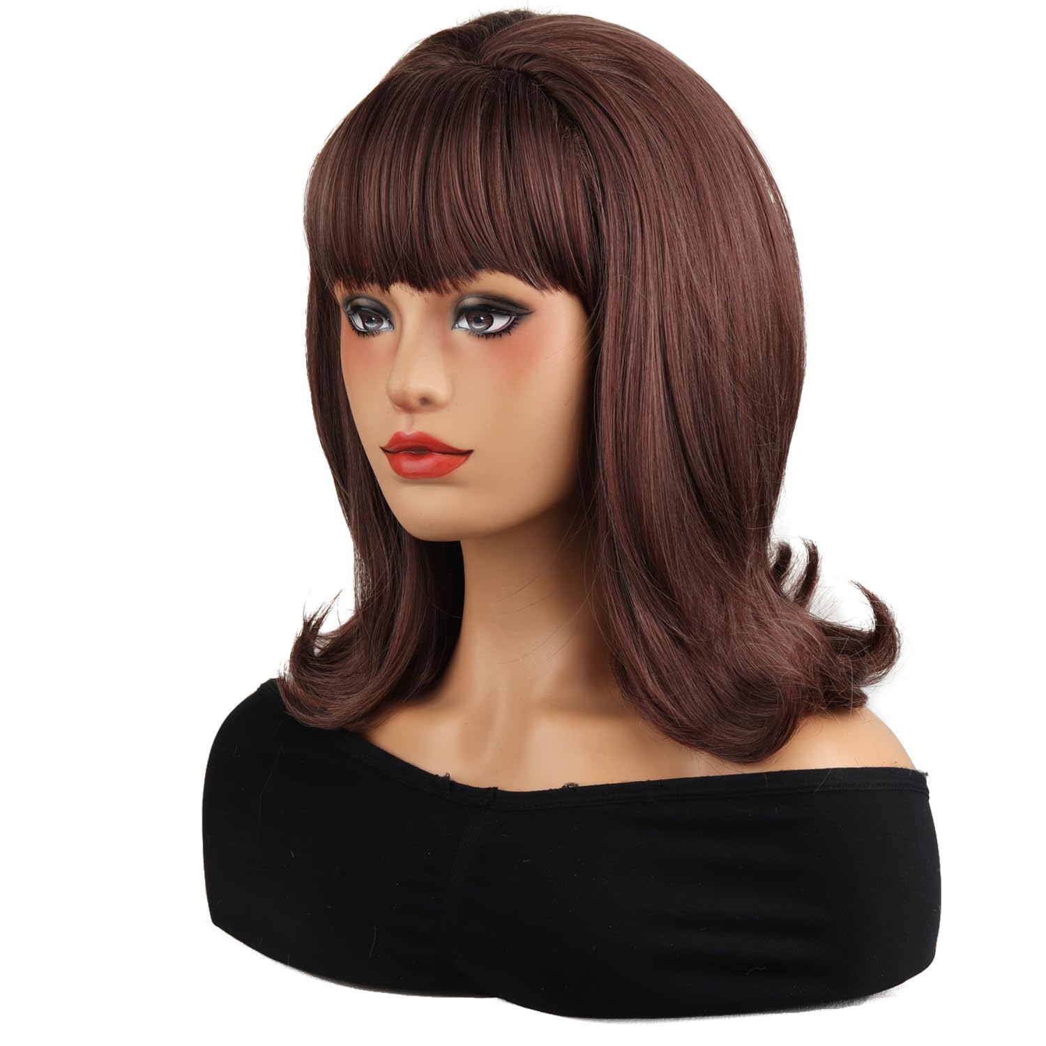 MAGQOO Brown Wigs Women Short Brown Mixed Wig with Bangs Retro Bouffant Beehive Wigs 60s 70s 80s Costume Cosplay Halloween Party with Wig Cap - Image 3