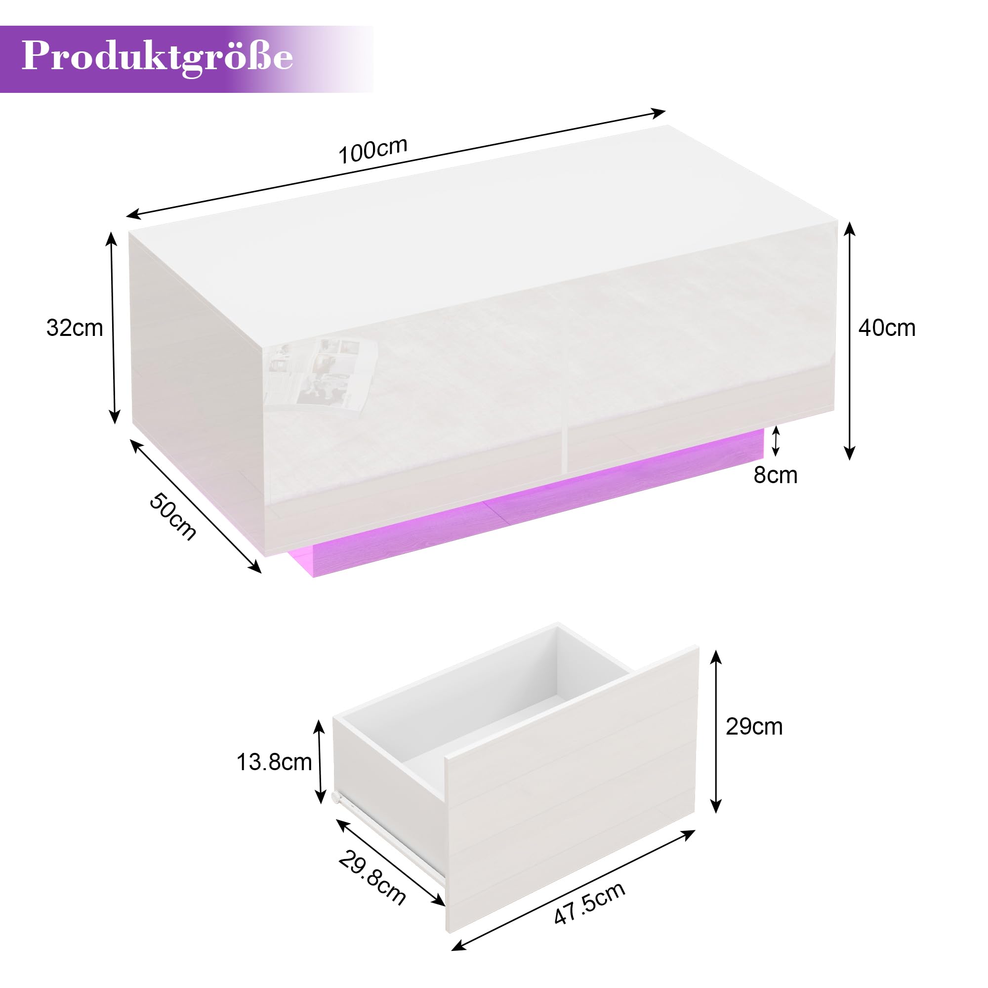 Couchtisch mit Schublade und Offenem Fach, Couchtisch Weiß Hochglanz mit LED-Beleuchtung, Wohnzimmertisch Weiß mit Stauraum, 100 x 50 x 40 cm