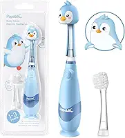 Papablic Escova de dentes elétrica infantil sônica infantil para crianças de 1 a 3 anos, escova de dentes elétrica para bebês com capa fofa de pinguim e temporizador de LED inteligente, 2 cabeças de