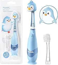 Papablic Escova de dentes elétrica infantil sônica infantil para crianças de 1 a 3 anos, escova de dentes elétrica para bebês com capa fofa de pinguim e temporizador de LED inteligente, 2 cabeças de