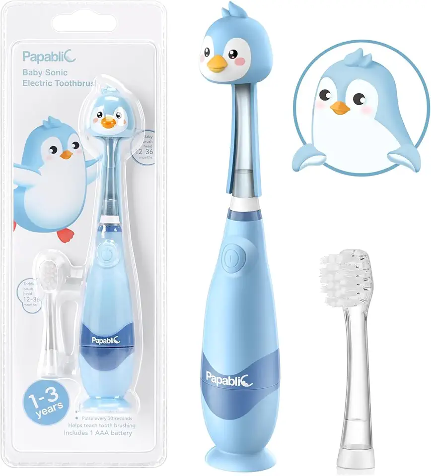 Papablic Escova de dentes elétrica infantil sônica infantil para crianças de 1 a 3 anos, escova de dentes elétrica para bebês com capa fofa de pinguim e temporizador de LED inteligente, 2 cabeças de