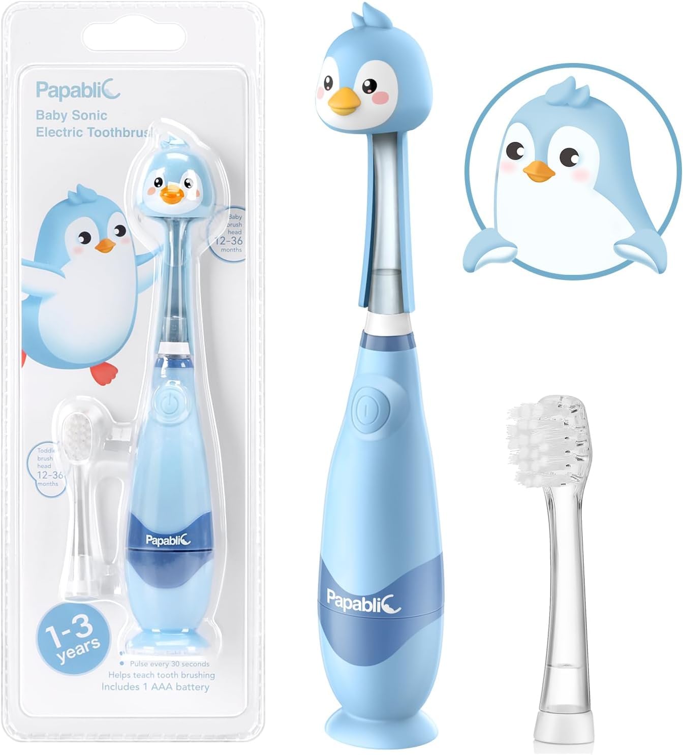 Toddler Sonic Electric Toothbrush for Ages 1-3 Years, Baby Electric Toothbrush with Cute Penguin Cover and Smart LED Timer, 2 Brush Heads (Pippin)