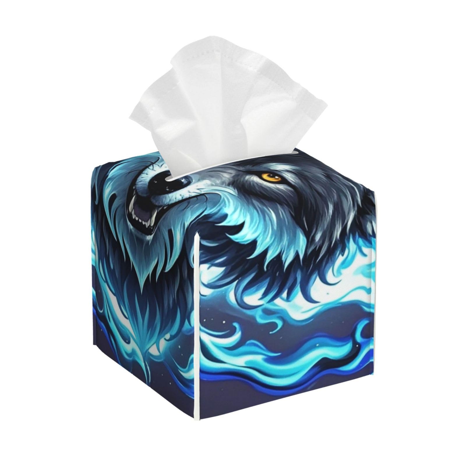 Pu Leather Cube Tissue Box Holders Modern Waterproof Square Tissue Box Cover Wolf Head in Blue Flames Facial Paper Holder for Bathroom Kitchen Nightstand Office Home Decor