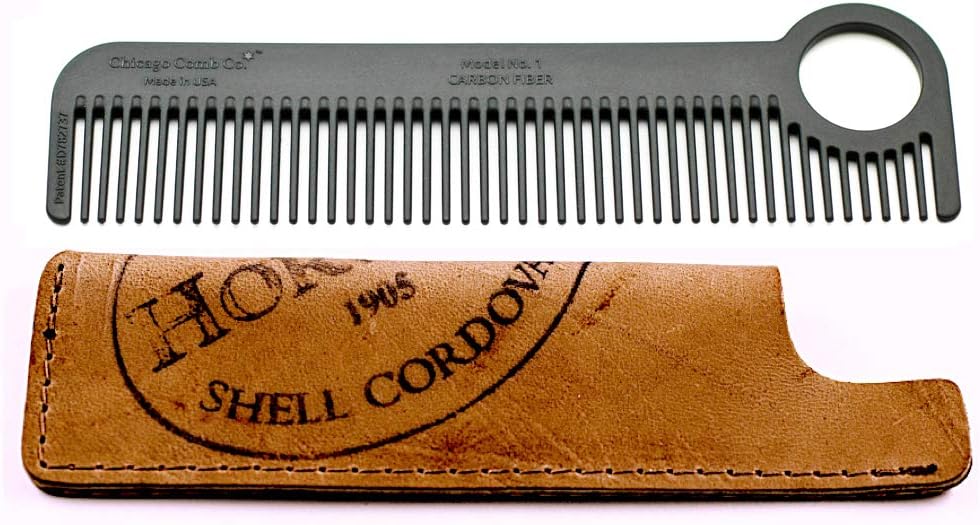Model 1 Carbon Fiber Comb + Horween Shell Cordovan Color No. 8 sheath, Made in USA, ultimate pocket & travel comb, smooth strong & light, anti-static, premium American leather