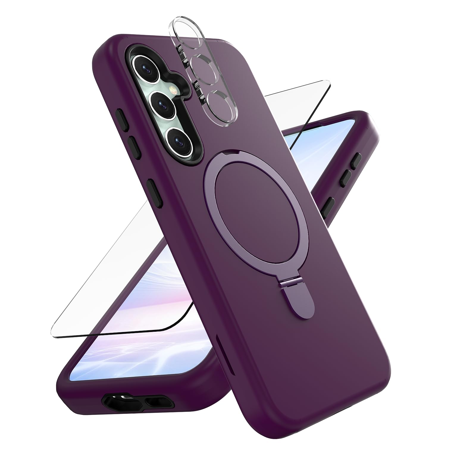 ACKETBOX Magnetic Designed for Samsung Galaxy S24 FE Case,with Screen+Camera Lens Protector+Kickstand,Case for Galaxy S24 FE 5G 6.7"(Deep Purple)