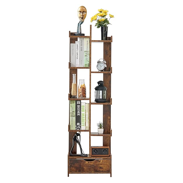Buy Gannyfer Tree Bookshelf with Drawers,Narrow Free Standing Open