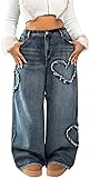 LEVNSD Wide Leg Jeans for Women Trendy Heart Low Waisted Denim Pants Baggy Streetwear Fit Trouser Jeans
