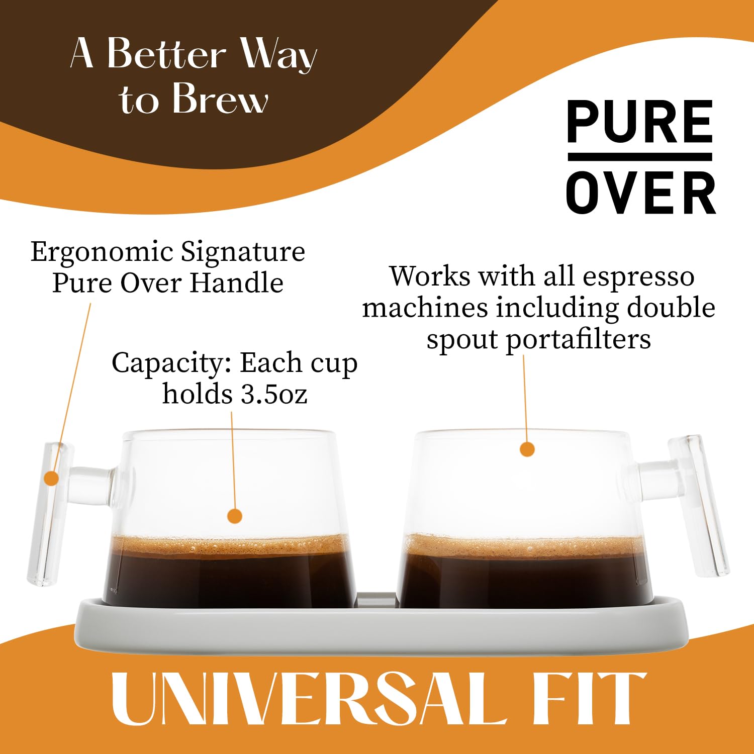 Pure Over Espressotassen aus Glas, 2-teiliges Kaffeebecher-Set, Keramik-Untersetzer, leicht zu reinigen, aus Borosilikatglas, hitzebeständig (2er-Set), Demitasse (schwarzer Keramik-Untersetzer)