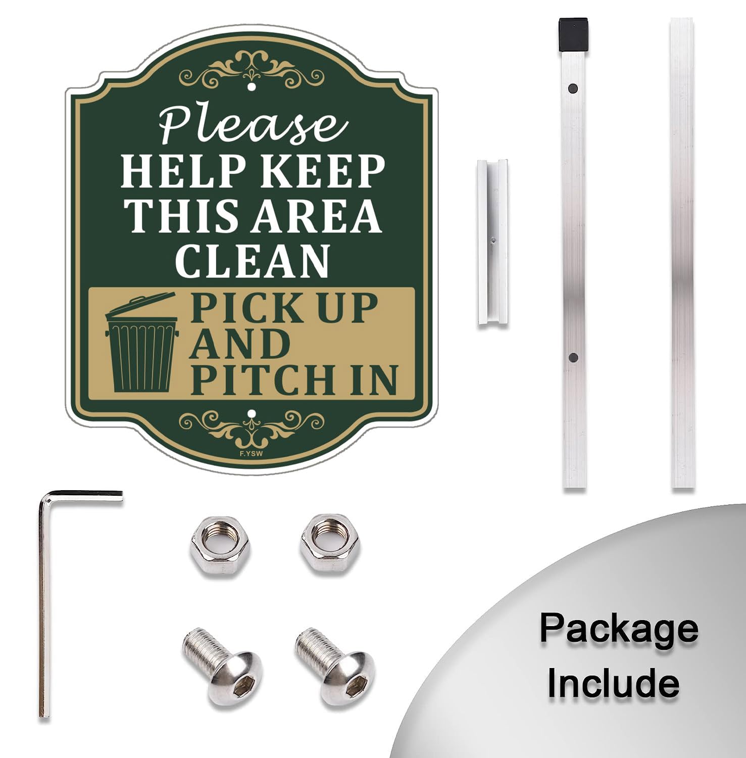 Letrero con texto en inglés "Please Help Keep This Area Clean Pick Up And Pitch In" de 12 x 10 pulgadas con estaca de metal de 35 pulgadas de largo con soporte de aluminio para uso al aire libre