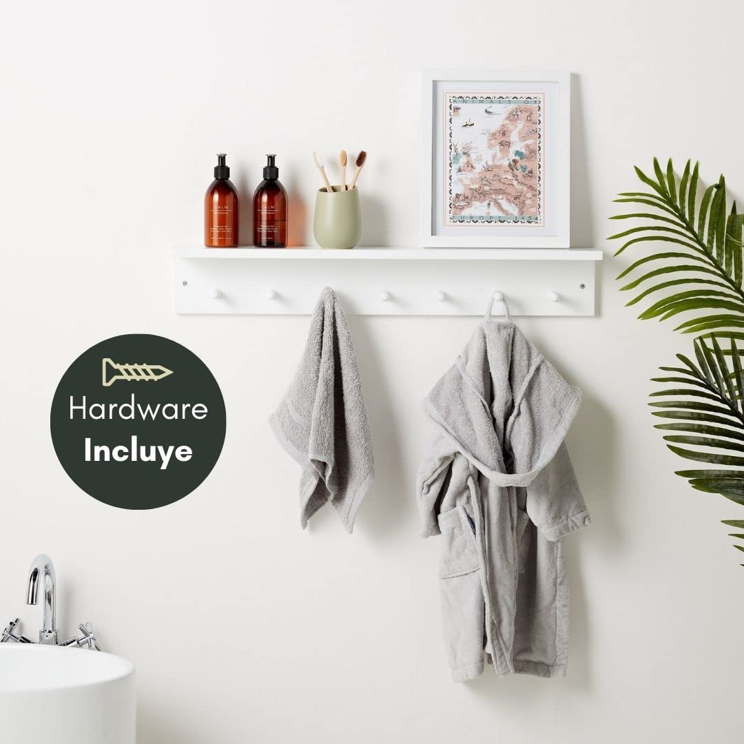 Haus Projekt Estantes de Pared con 7 Ganchos, Blanco, Fácil de Montar Perchero Pared Madera, Estanteria Baño Pared, Flotantes Cocina Estanterias Almacenaje, Baldas pour Toallas, Llaves, Decoracion