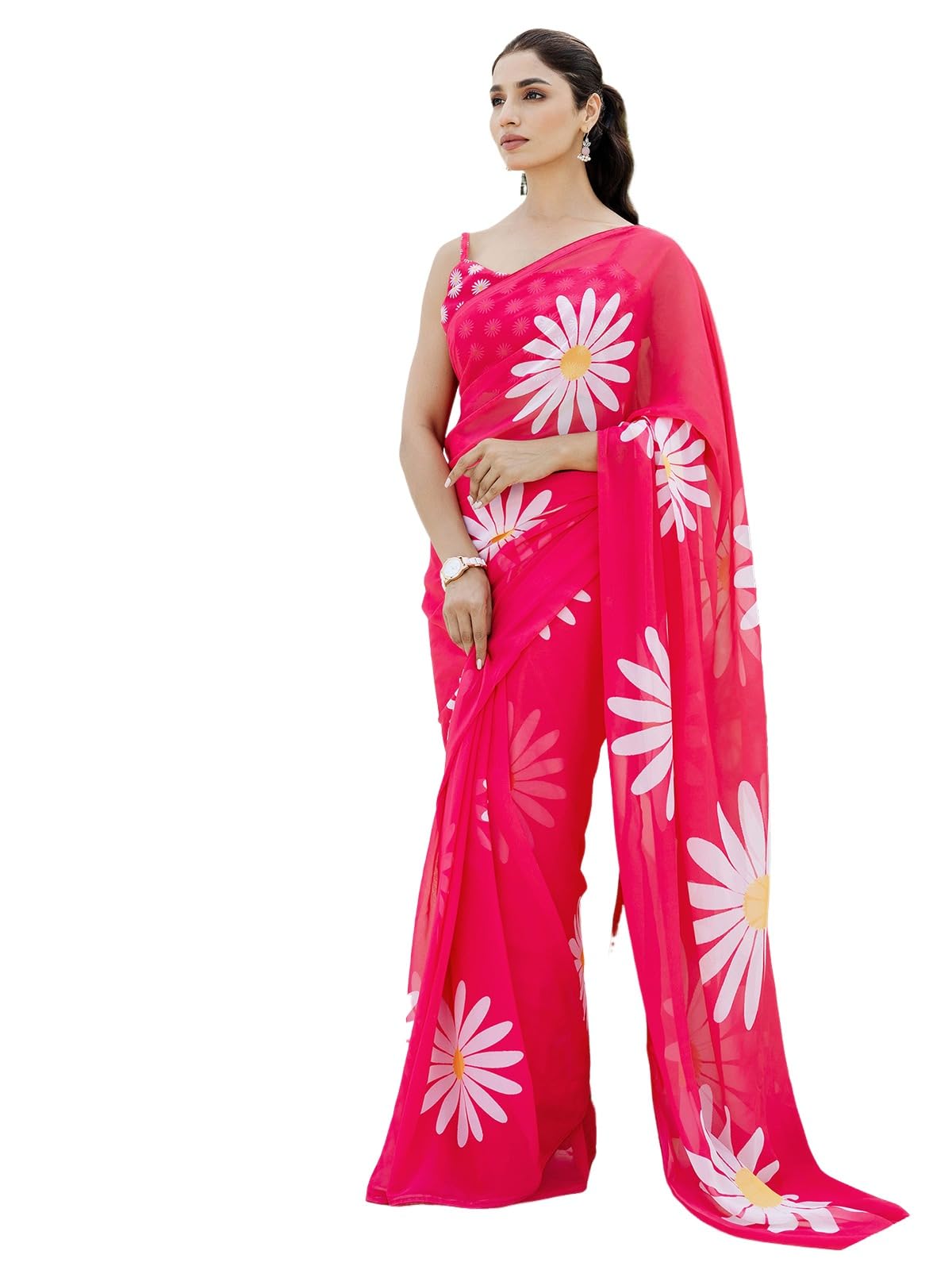 satrani Women's Georgette Floral Printed Ready To Wear One Minute Pre Stitched Saree with Unstitched Blouse Piece-picture-25