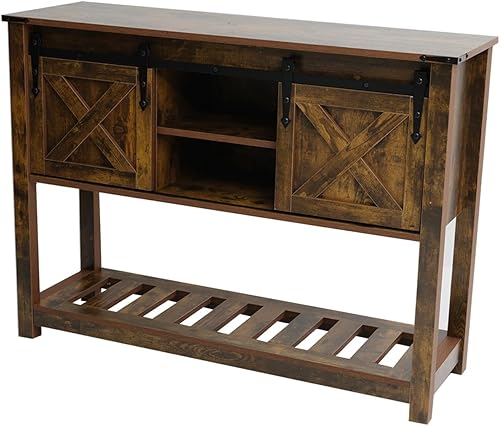 Miniatura 8 de Mesa de entrada de granja con puertas corredizas de granero, mesa consola de madera con estante de almacenamiento, mesa de sofá rústica para sala de