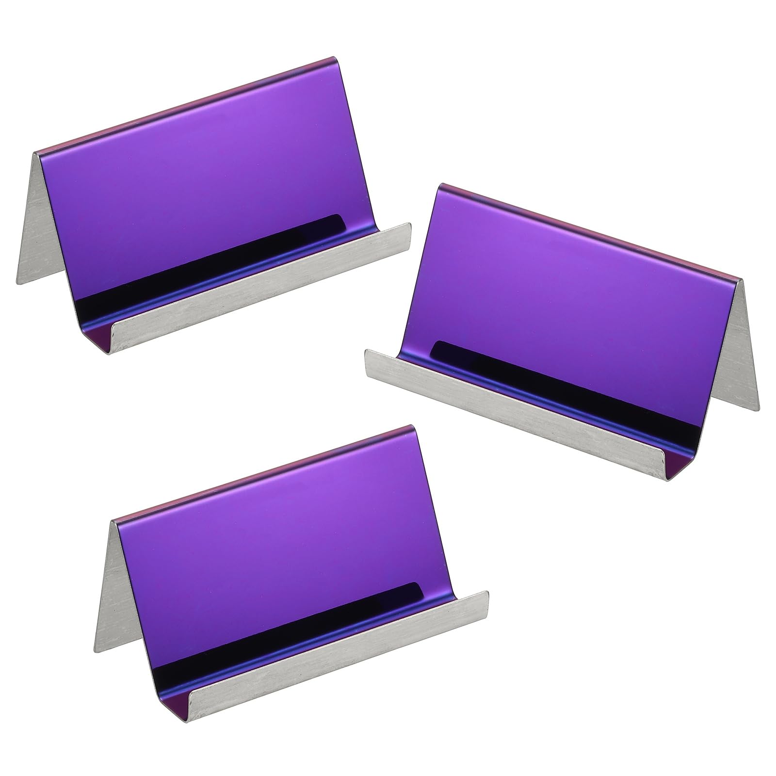 PATIKIL Business Card Holder for Desk 3Pcs Business Card Holders Stainless Steel Card Stand Organizer Cards Display for Office Exhibition Purple