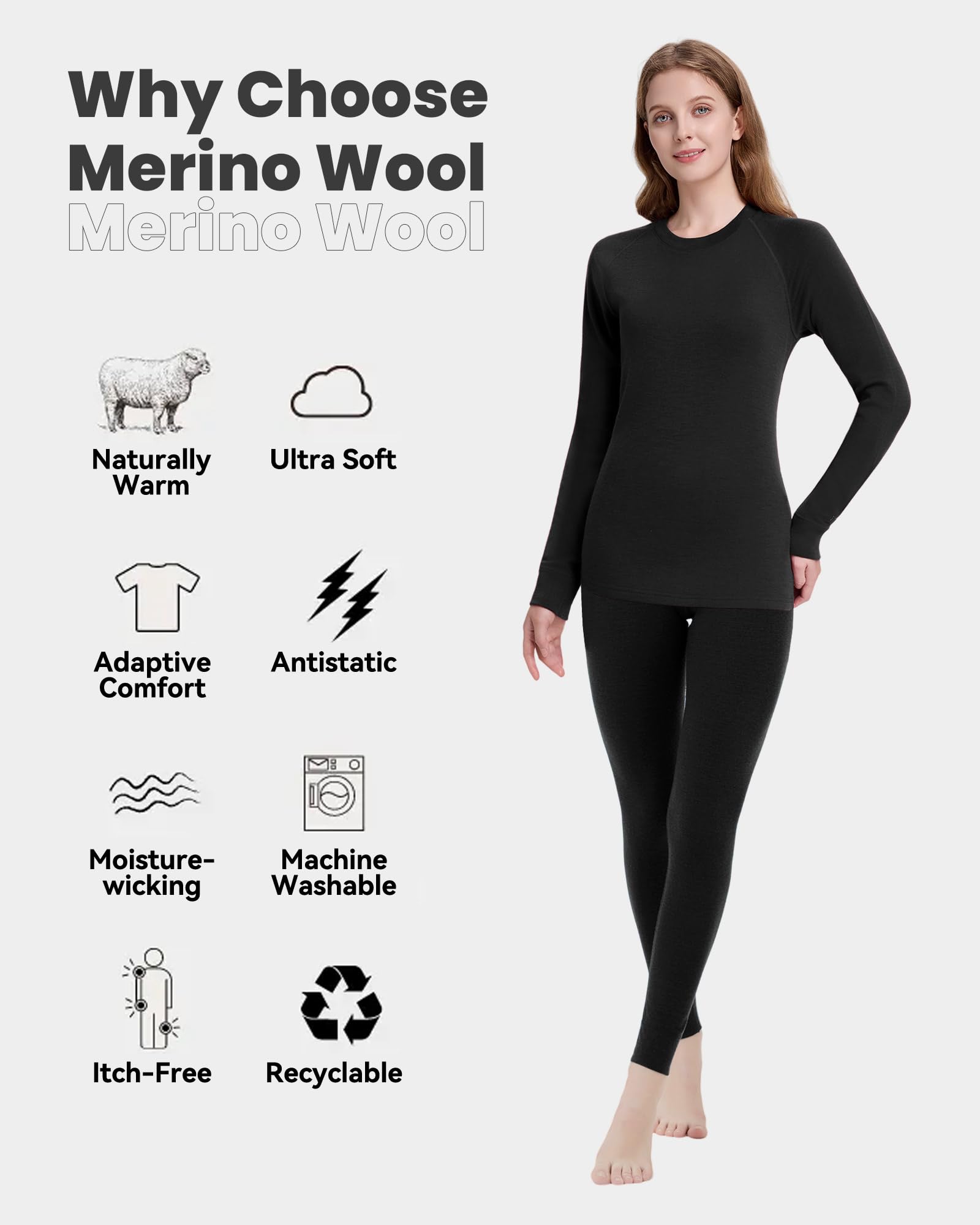 Set da donna 100% lana merino strato base leggero attivo per sci