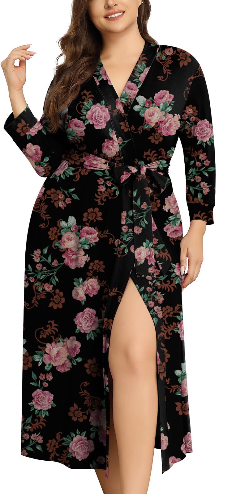 Lastshe Plus Size Women Robe Long Knit Kimono Lightweight Soft Robes Casual Sleepwear Bathrobe Loungewear