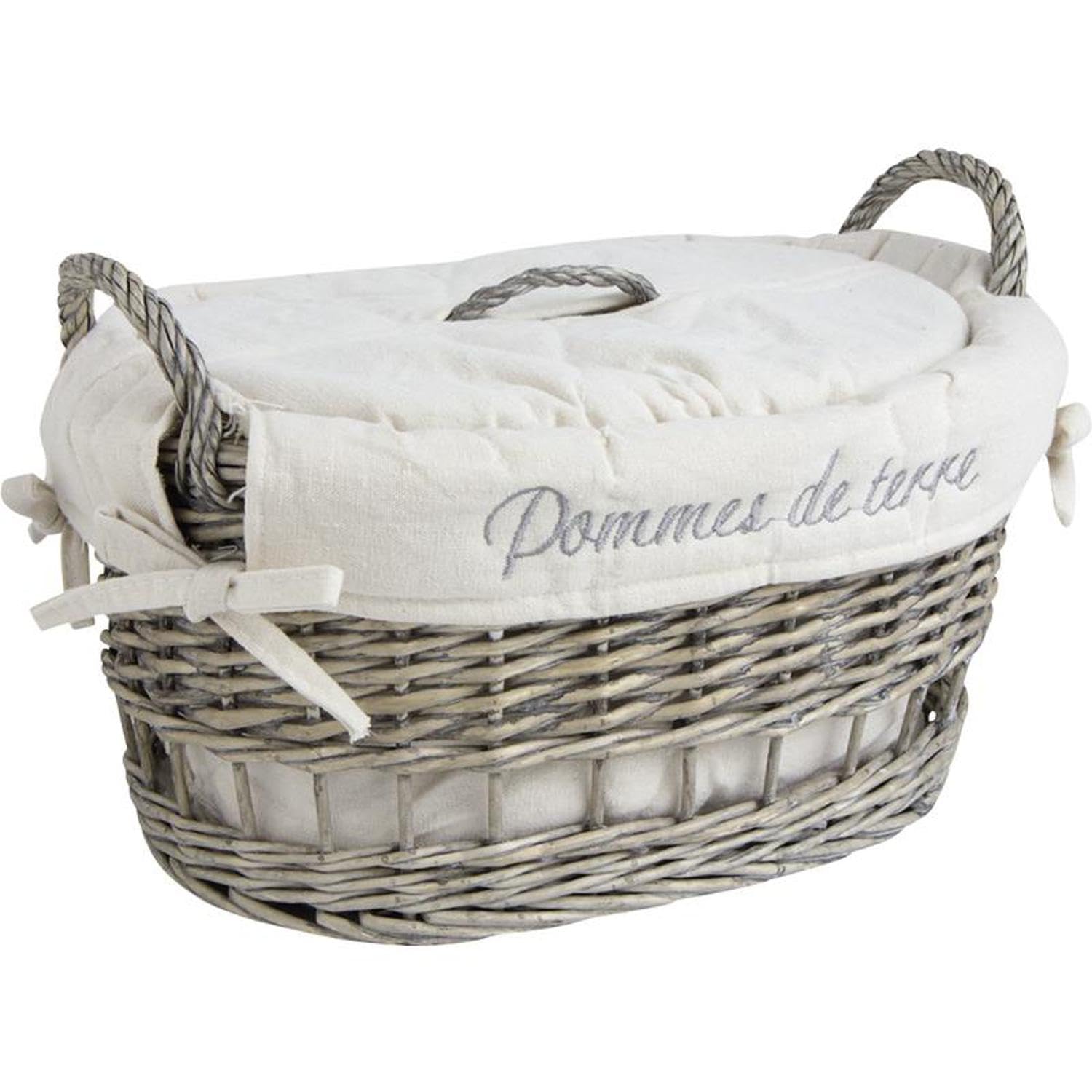 AUBRY GASPARD - Coffret Pommes de Terre Osier Gris - Anses et Couvercle - Doublure Coton Blanche Amovible - 30x21x19 cm - Rangement Cuisine - Inscription « Pommes de Terre »