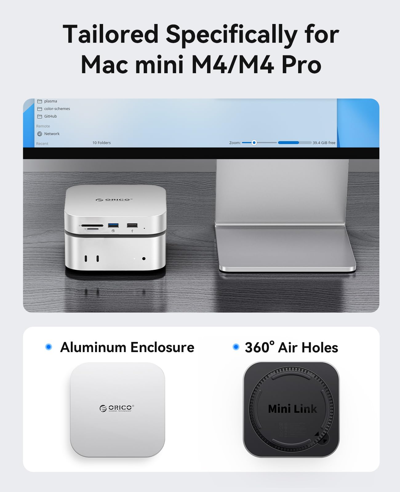ORICO MiniLink Mac mini M4 Hub z obudową SATA SSD, port USB 3.0 5 Gb/s, czytnik kart SD 3.0/TF 3.0, gniazdo słuchawkowe 3,5 mm i gniazdo mikrofonowe (M410P)