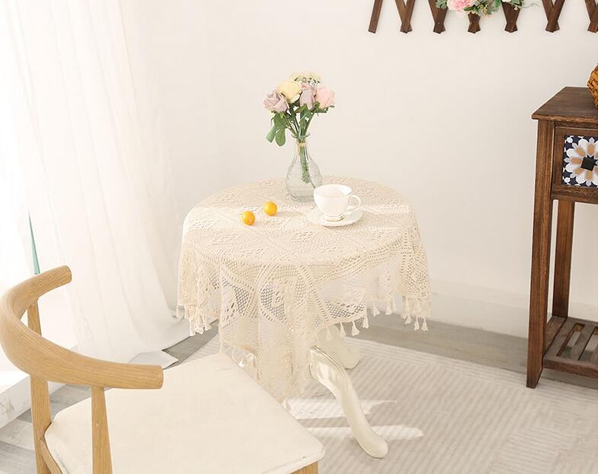 Gualiy Polyester Tischdecke Rund, Tischtuch 140 x 160 Abwaschbare Tischdecke Hohl Strick mit Quasten Tischdecke für Küchentisch, Beige