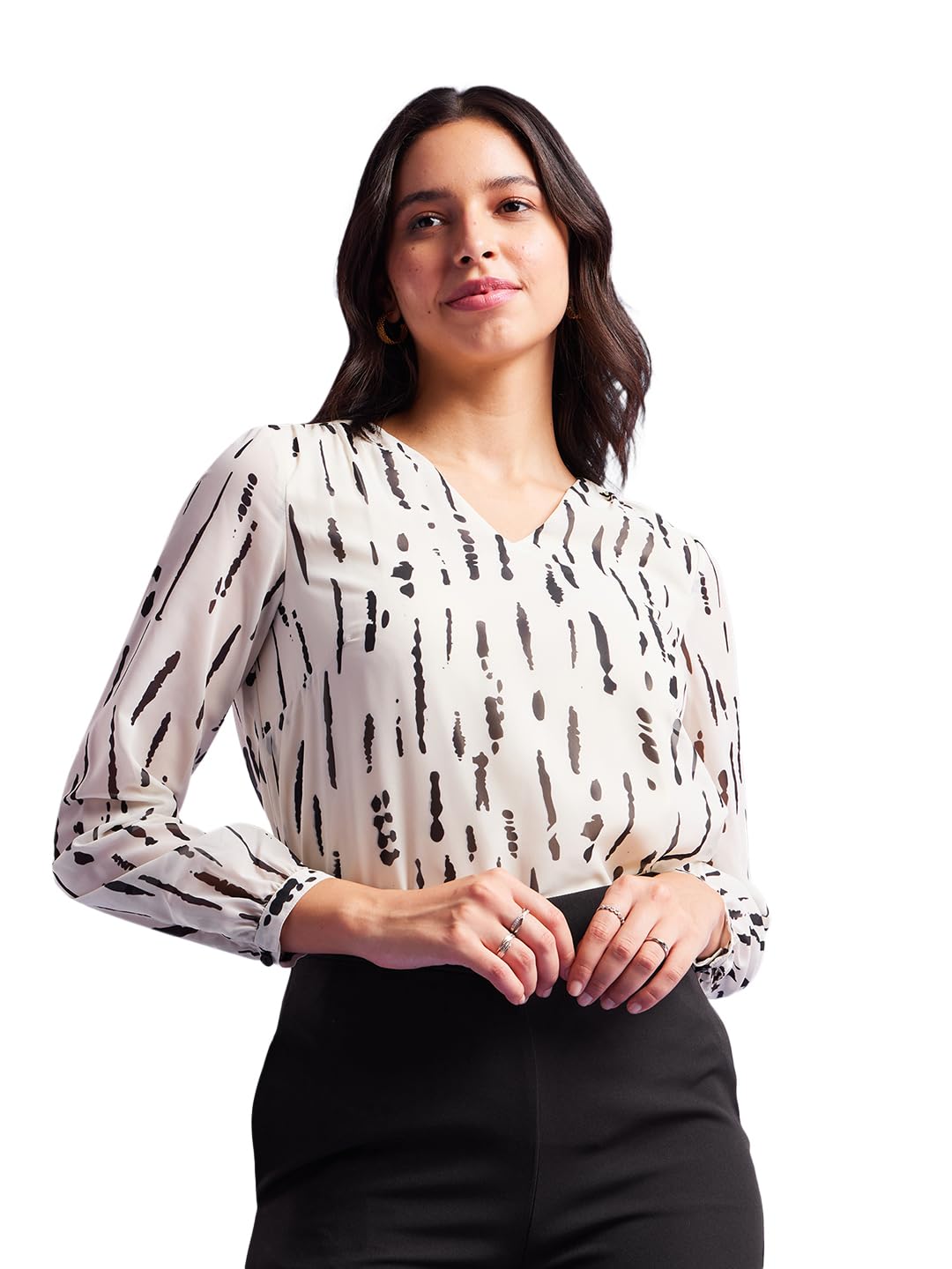 fablestreet Abstract Print V Neck Top - Off White and Black-picture-21