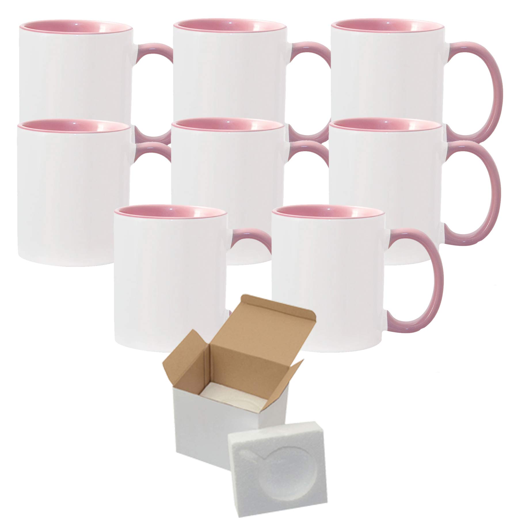 TWISTED ENVYCase Of 8 11OZ PINK Inside/Handle Ceramic Sublimation Coffee Mug - White Ceramic Sublimation Coffee Mug with Colored - Shipping Cardboard Box with Foam Supports