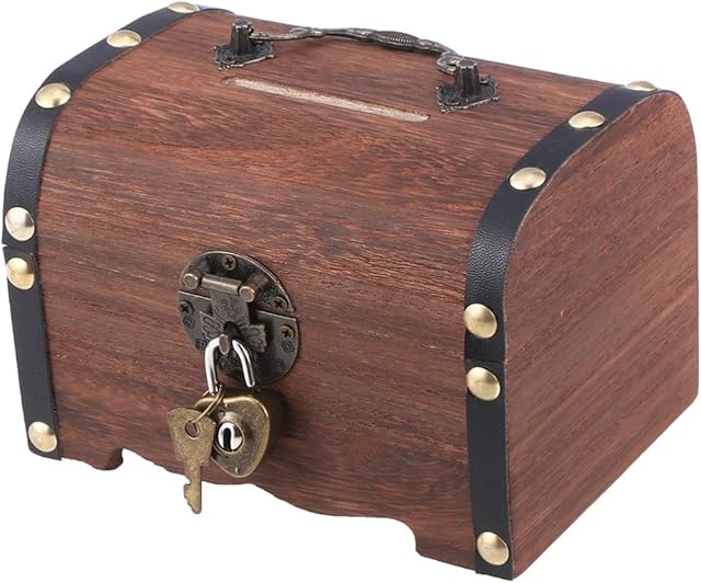 SEWACC Small Wooden Treasure Chest Boxes Retro Treasure Chest Storage Box with Lock& Keys Bank Box Birthday Gifts