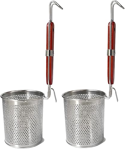 Miniatura 8 de Cesta de malla para pasta, colador de alimentos para olla, colador con mango redondo de madera, malla de acero inoxidable, colador de araña para