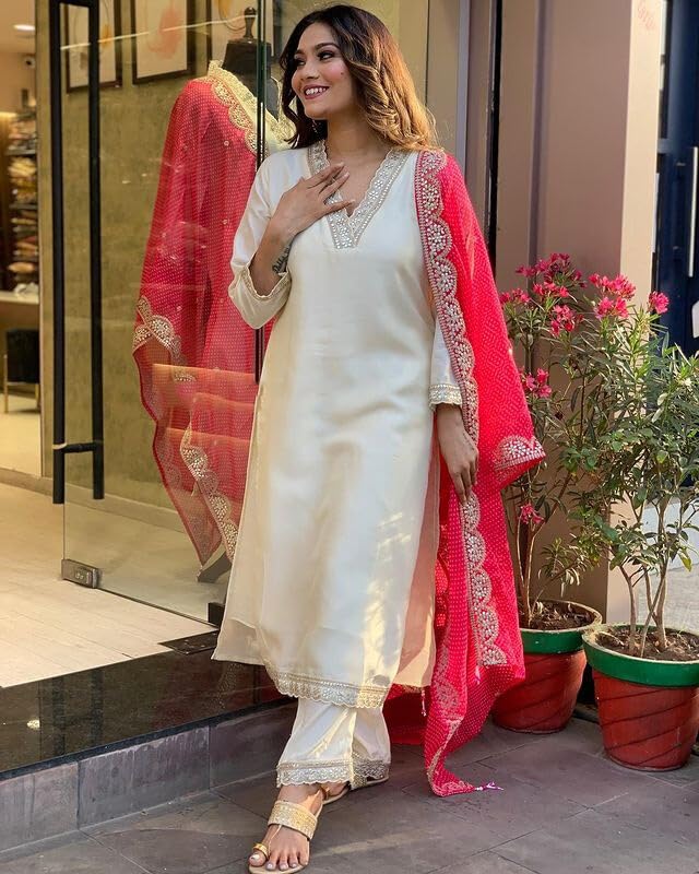 Image of Shiv Textiles Women's Chanderi Silk Embroidered Kurta Pant Dupatta Set(JDA-PANCHHI-OFFWHITE-M)