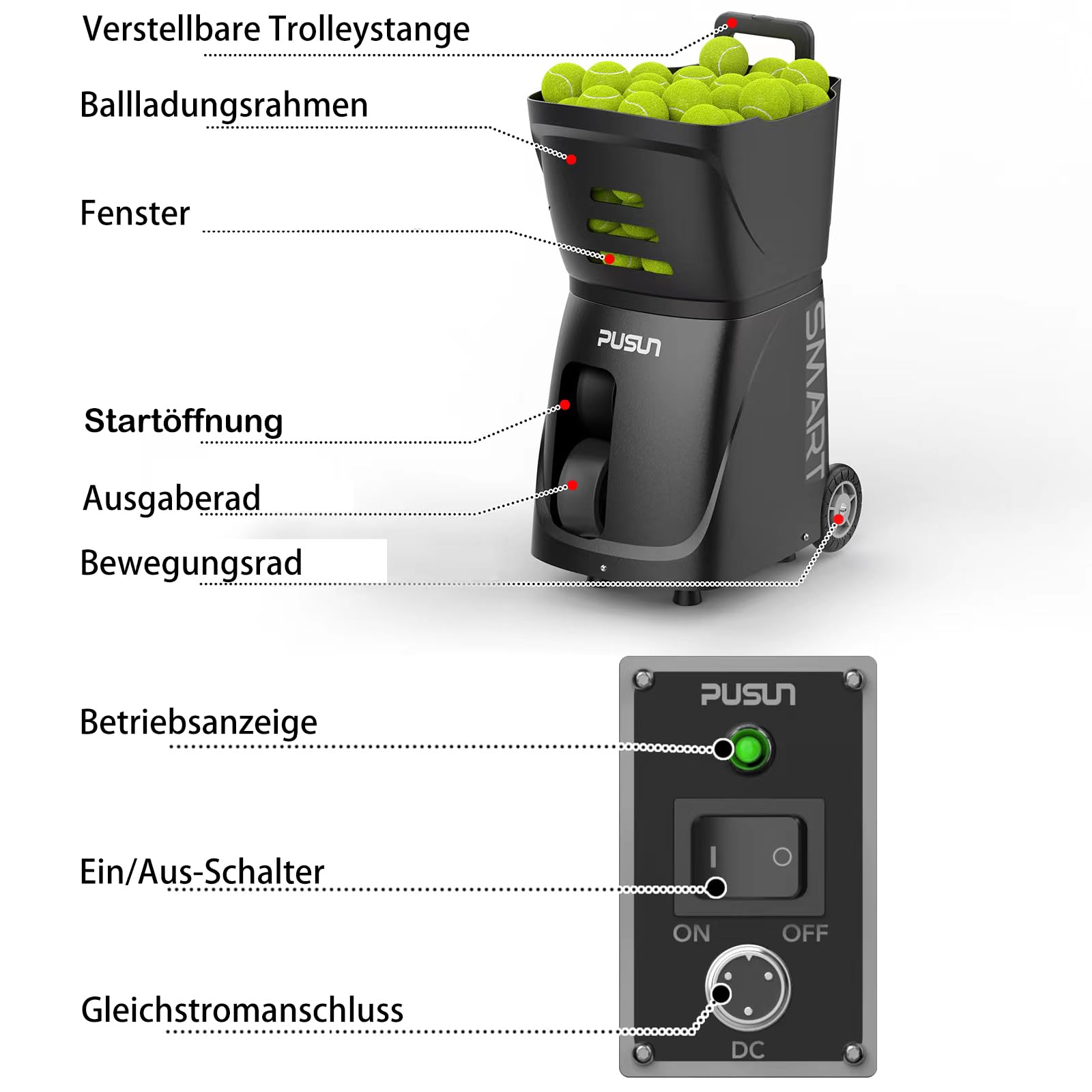 PUSUN PT-SMART Pro Tennisballmaschine - Premium Trainingsgerät mit APP-Steuerung (App für Apple Watch), 20 Landepunkte & 12 Modi, Tennis Trainer (4-6 Std. Laufzeit)