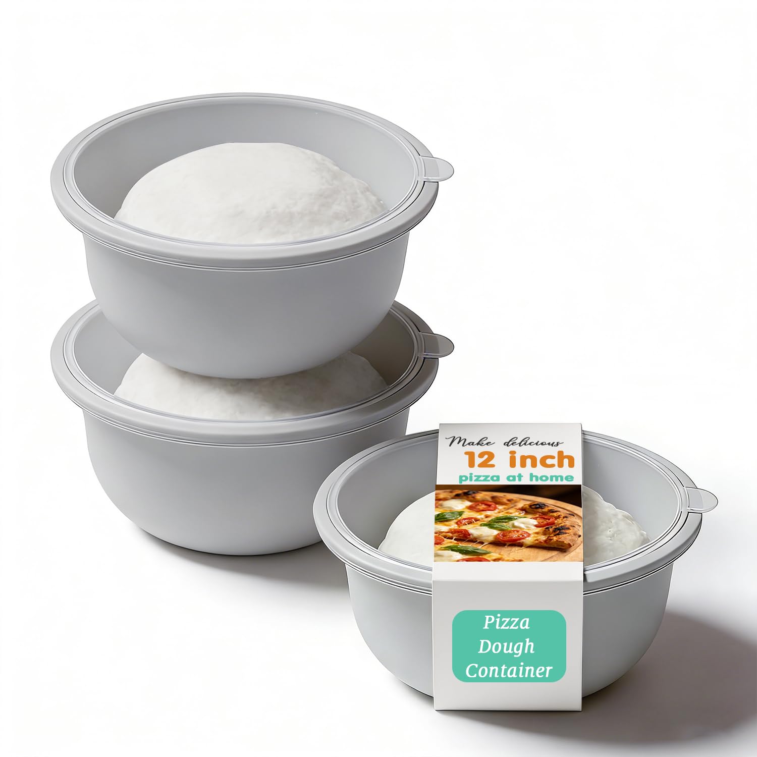 3 contenitori impilabili in silicone per pasta per pizza e pizza, con coperchio, scatola per prove di pasta per pizza da 700 ml (grigio)