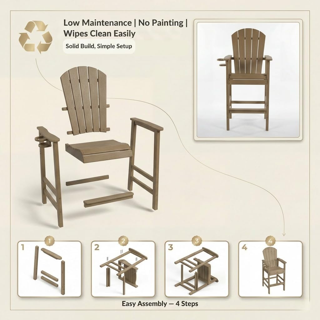 Tall Adirondack Chair, Outdoor Bar Height Barstools Chairs with Cup Holder, All-Weather Outdoor Patio Bar Lifeguard Chair with Armrests for Poolside, Garden (Antique Brown)