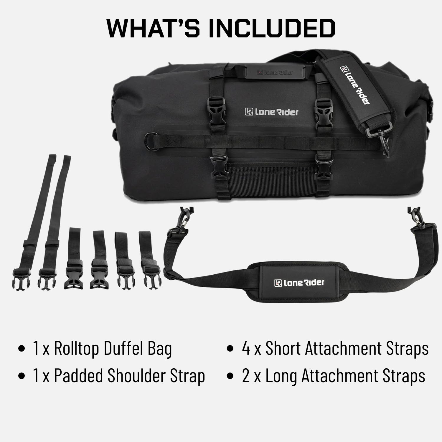 Lone Rider Borsone Impermeabile 50 L per Moto, Antipolvere e Arrotolabile, per Campeggio e Kayak, TPU 600D con Cuciture Saldate, Valvola dell'Aria, Pannelli MOLLE e Cinghie a Sgancio Rapido