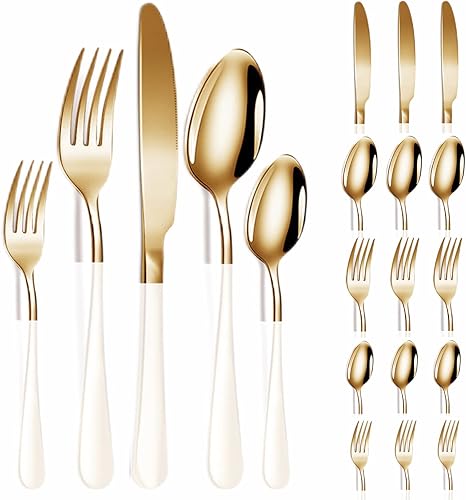 Vilihkc Juego de cubiertos de 20 piezas de cubiertos de acero inoxidable para 4, regalo resistente, cuchillo pulido espejo, tenedor, cuchara