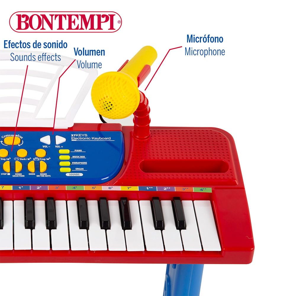 Bontempi Piano Infantil 37 Teclas con Taburete, micrófono y Atril, 4 Sonidos, 4 ritmos, 11 melodías, Función Aprendizaje Okon, Conexión USB-C o 4 Pilas AA (N/I), Juguete Musical, +3 años (47907)