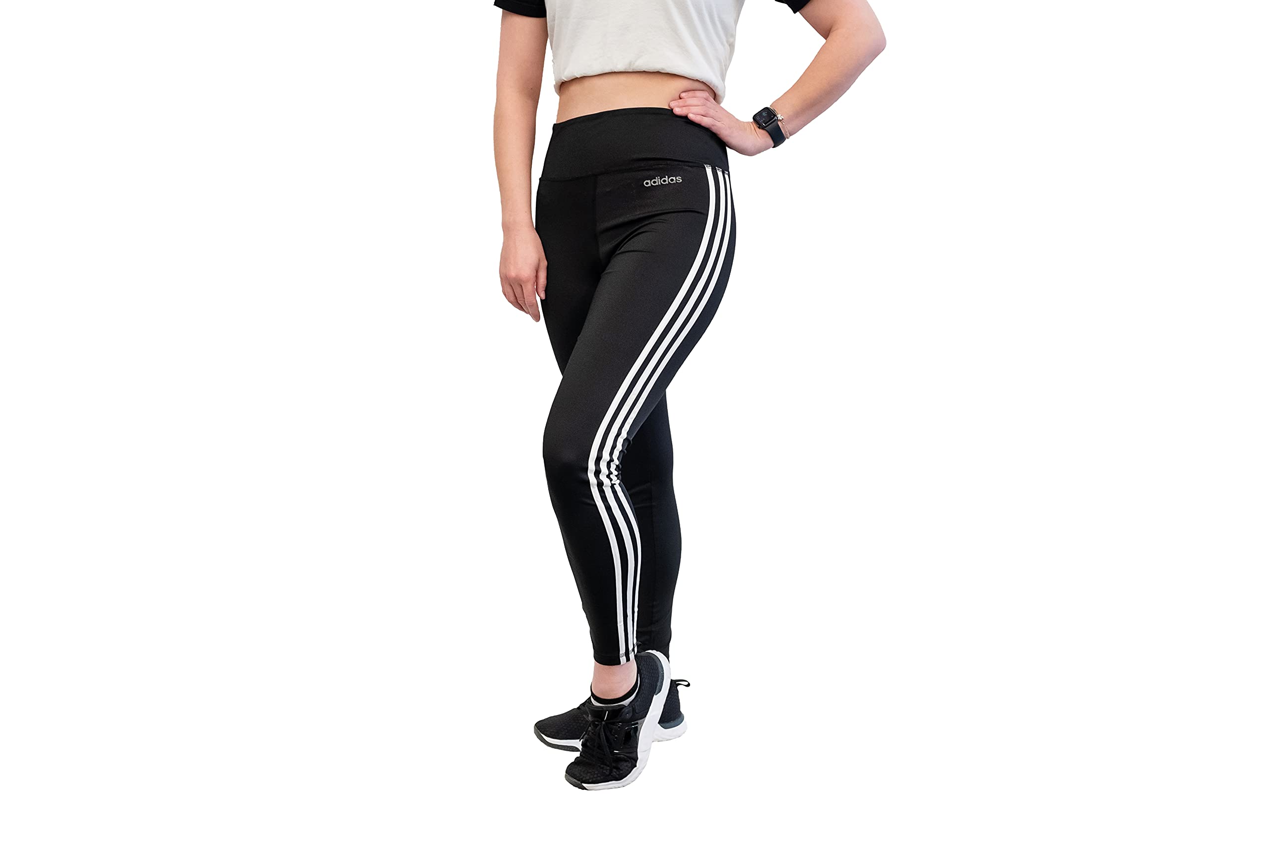 adidas Womens Designed 2 Move 3-Stripes High-Rise Long Tights, Black/White, M